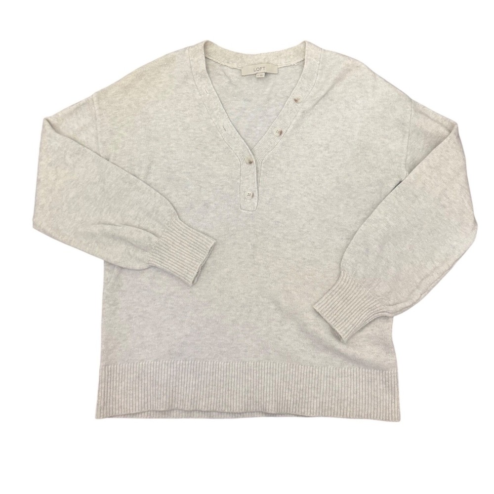 LOFT Womens Light Gray Heathered V-Neck Henley Pullover‎ Sweater Size S